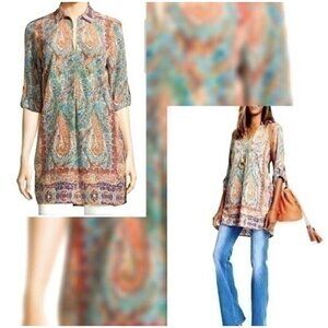 NWT Joan Vass Paisley Print Colorful Tunic Top Blouse Pockets Roll Tab Sz S NEW